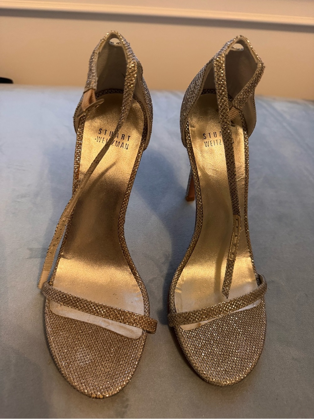 Stuart Weitzman Metallic Gold Strappy Glitter Heels